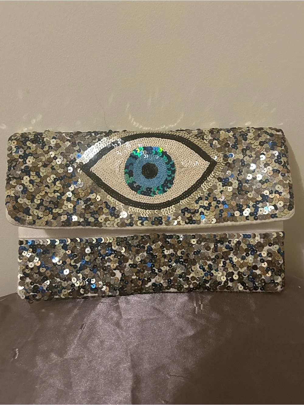 Evil Eye Fold-Over Cream Canvas Clutch W/Silver and Blue Sequins Crossbody strap